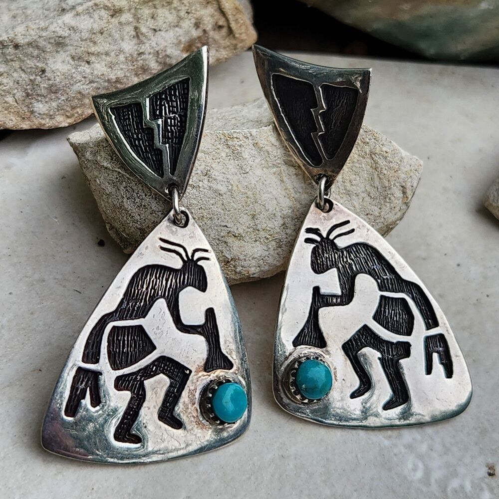 Vintage Big Overlay Kokopelli Kachina Turquoise Earrings Sheila Vandever Navajo